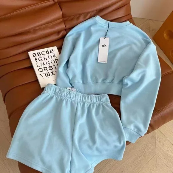 Alo Yoga Light Blue Minimalist Cropped Sweatshirt + Shorts Two-Piece Set, Size S - Picture 2 of 2